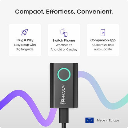 AAWireless TWO+ Compatible with Android Auto & Apple Carplay 2-in-1 Wireless Adapter | Wireless Connection via Bluetooth & WiFi | iPhone X+ & Android 11+ | Multifunctional Button | Made in Europe