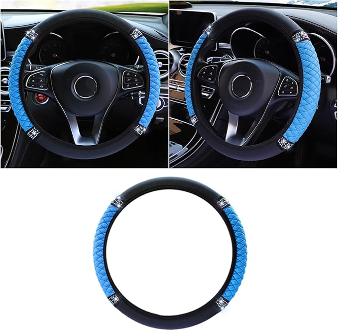 Bling Soft Leather Steering Wheel Cover, 15 Inch Colorful Rhinestones Auto Elastic Protector with Crystal Diamond for Women Girls, Car Accessories for Most Cars, SUVs (Blue)