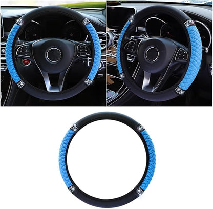Bling Soft Leather Steering Wheel Cover, 15 Inch Colorful Rhinestones Auto Elastic Protector with Crystal Diamond for Women Girls, Car Accessories for Most Cars, SUVs (Blue)