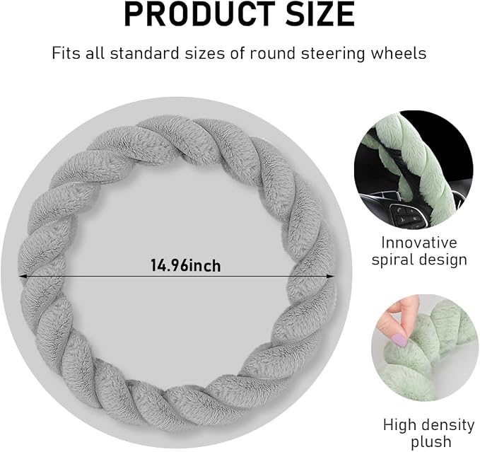 KVAEY Fluffy Car Steering Wheel Cover, 15 Inches Anti-Slip Round Fuzzy Winter Steering Wheel Protector, Soft Warm Plush Steering Wheel Cover for Women Girls, Car Accessories (Gray, Round)