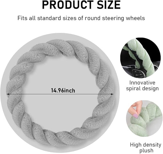 KVAEY Fluffy Car Steering Wheel Cover, 15 Inches Anti-Slip Round Fuzzy Winter Steering Wheel Protector, Soft Warm Plush Steering Wheel Cover for Women Girls, Car Accessories (Gray, Round)