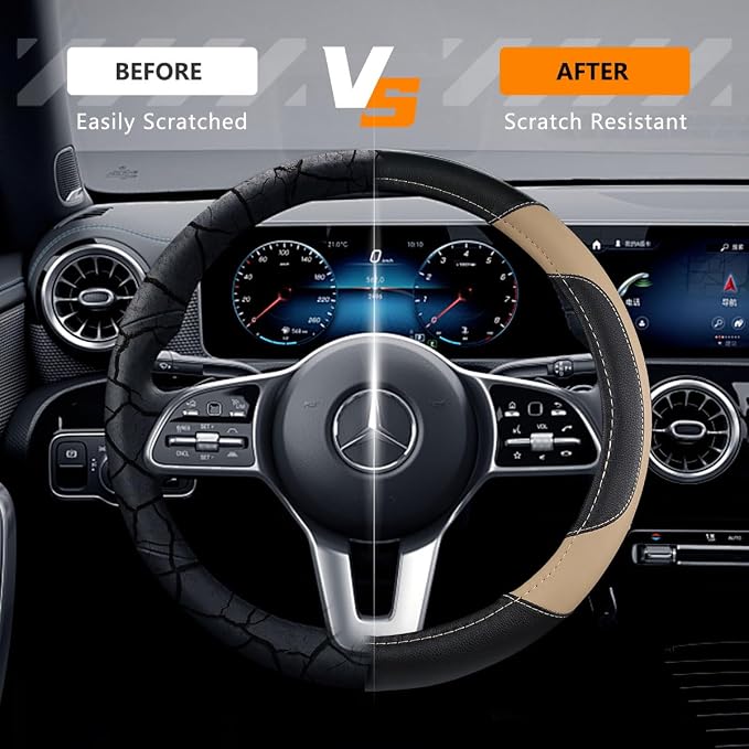 Leather Car Steering Wheel Cover, Non-Slip Car Wheel Cover Protector Breathable Microfiber Leather Universal Fit for Most Cars(Beige)