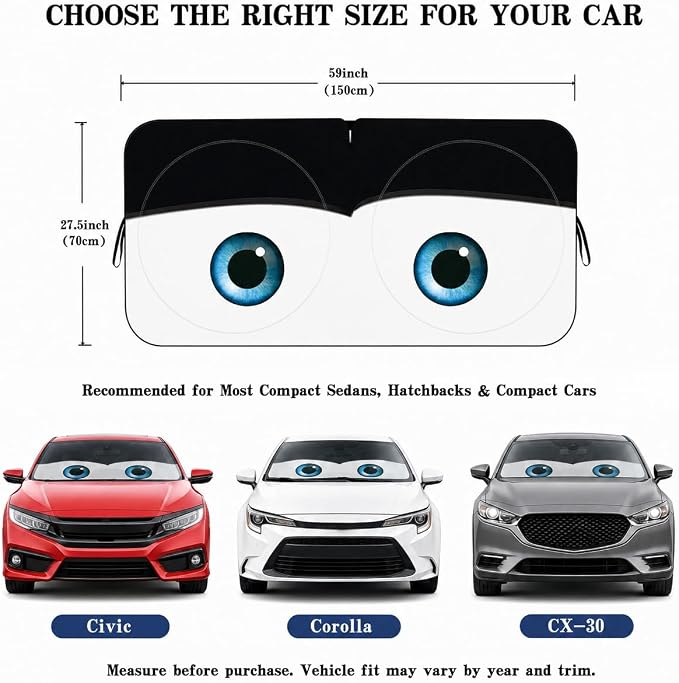 Car Windshield Sun Shade, Funny Cartoon Eyes Sun Visor for Car Windshield Universal Fits Sedan Compact Car Hatchback SUV, UV Heat Protection - 59 x 27.5