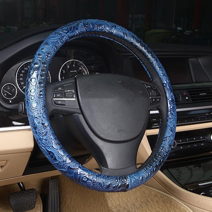 Blue Crocodile Skin Car Steering Wheel Cover, Faux Leather, Universal 15 Inches