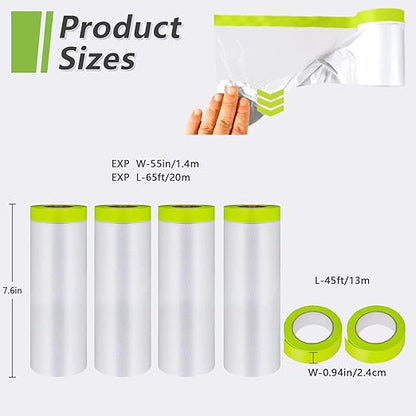 Pre-Taped Masking Film-55inx65ft Tape and Drape Painters Paper Rolls, Plastic Painting Film for Automotive Painting Covering （Masking Film:4rolls,Tape:2rolls）
