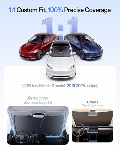 Windshield Sun Shade for Tesla Model 3 2016-2026 (Highland), 100% UV Block & Heat Insulation, Custom Fit Sunshade, Foldable Car Sunshade with Storage Bag, Protect Interior Accessories