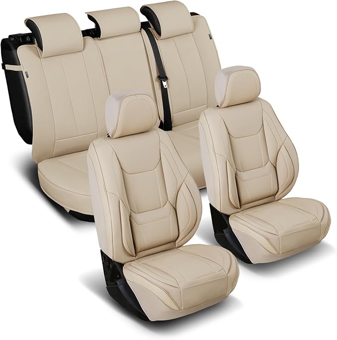 Coverland Custom Truck Car Seat Covers Full Set for [2004-2007 F-250 F-350 Super Duty Crew Cab Captain Seats] - Protector Water Resistant Leather Memory Form Back Support [Full Set-Beige]