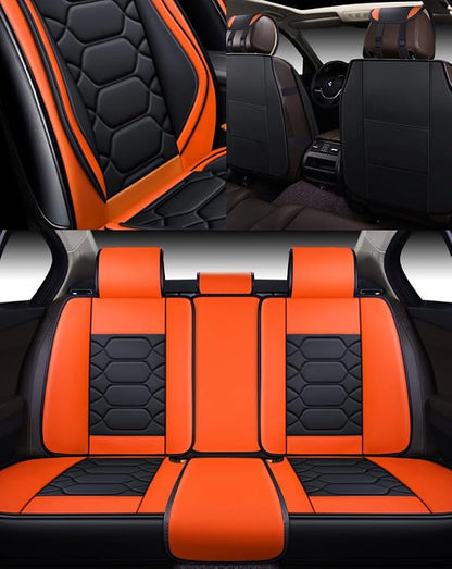 OASIS AUTO Car Seat Covers Full Set, Sporty Faux Leather with Honeycomb Pattern, Waterproof Universal Fit for SUV, Sedan, Pick-up Truck, Automotive Interior Accessories (OS-004 Black&Orange)