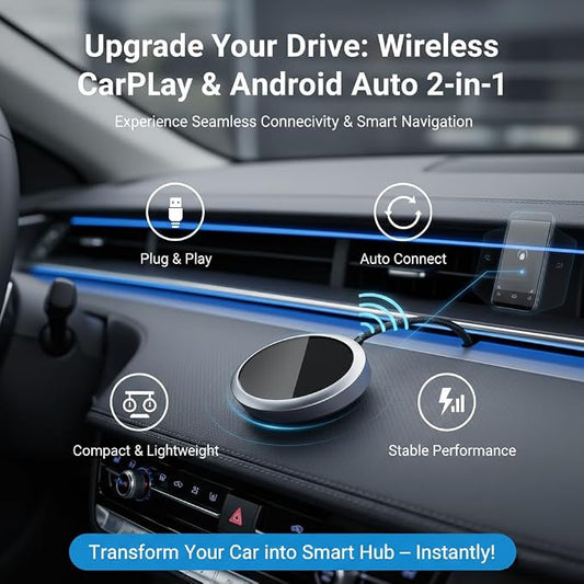 2-in-1 Wireless CarPlay Adapter 2026 for Apple iPhone & Android Auto Adapter, Plug&Play CarPlay Dongle Converter, Fast Auto-Connect,Compact Design Fast Stable Connection with USB/USB-C Port (Grey)