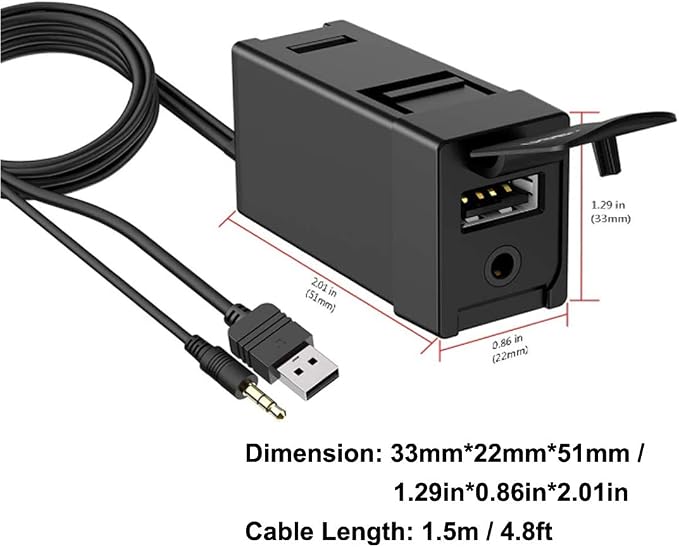 USB AUX Flush Mount - Car Dashboard Panel Jack Extension Cable Compatible with Toyota, 3.5mm & USB AUX Extension Mount Socket(Size: 1.29 X 0.86 X 2 inches)