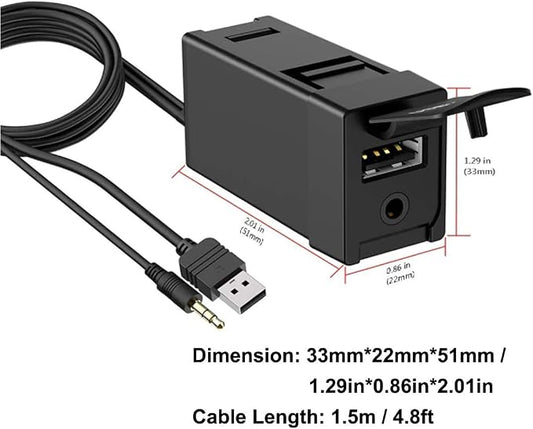 USB AUX Flush Mount - Car Dashboard Panel Jack Extension Cable Compatible with Toyota, 3.5mm & USB AUX Extension Mount Socket(Size: 1.29 X 0.86 X 2 inches)