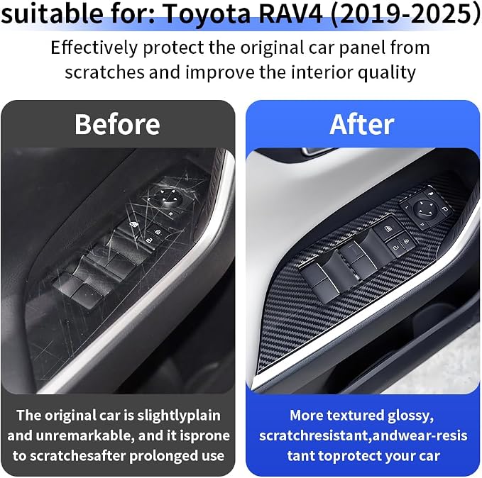 Car Door Power Window Lift Switch Protection Panel for Toyota RAV4 2019 2020 2021 2022 2023 2024 2025 Auto Interior Decor Accessories Armrest Side Pull Handle Trim Cover Carbon Fiber Style Kit