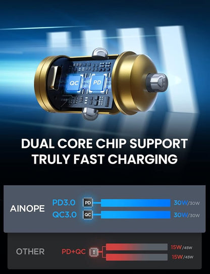 AINOPE 60W USB C Car Charger Fast Charging for iPhone 17 Pro Max Plus,[Smallest Metal] Car Charger USB C PD30+QC30W 3.0 Dual Port Cigarette Lighter Charger for iPhone 16 15 Samsung, Gold Kits