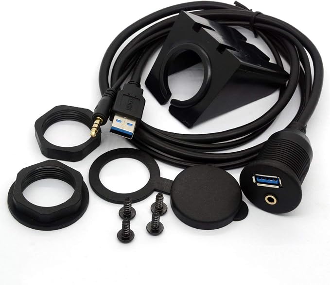 USB 3.0 Flush Mount Cable - USB 3.0 and 3.5mm Aux Extention (1 Meter) | Mount, Flush, Dash, Panel Mount Cable 1/8 AUX for Car Bike Boat Motorcycle Radio Stereo Android