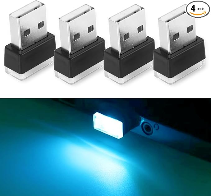 NTNEV 4PCS USB LED Car Interior Atmosphere Lamp, Mini Led USB Lights for Car Decoration, Ambient Lighting Kit, Plug-in USB Interface, Universal Car Interior Accessories (Ice Blue)
