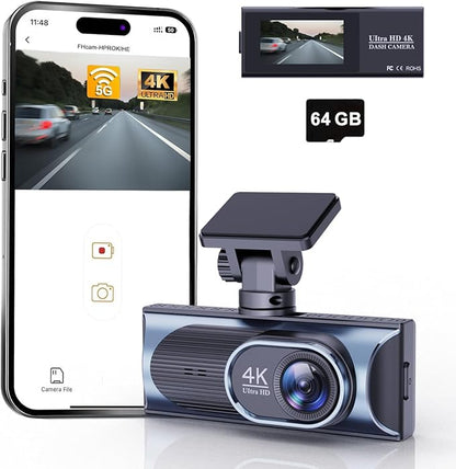 4K Dash Cam Front, WiFi Dash Camera for Cars, Mini Dashcam with Super Night Vision,1.97 Inch Screen, Loop Recording, G-Sensor, WDR, Parking Monitor, 64GB Card Included (4K Mini Dash Cam)