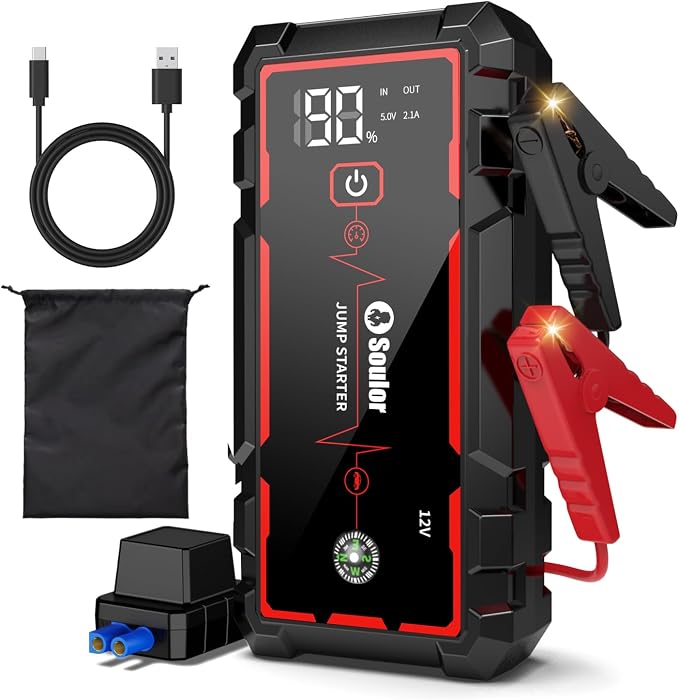 5000A Jump Starter Car Jumper Starter Portable Battery Booster Pack Jump Box with LED Display, LED Light and Jumper Cables(10.0L Gas and 10.0L Diesel)