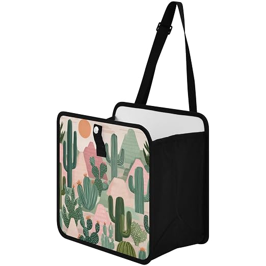 Car Trash Can Organizer Bin with Adjustable Strap for Back Front Seat Console Waterproof Leakproof Collapsible Portable 11 Inch Boho Cacti Mountains and Sun