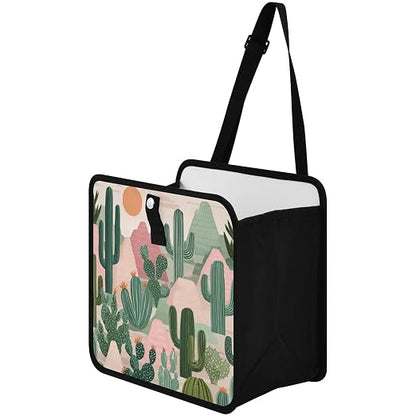Car Trash Can Organizer Bin with Adjustable Strap for Back Front Seat Console Waterproof Leakproof Collapsible Portable 11 Inch Boho Cacti Mountains and Sun