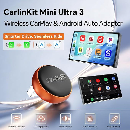 Carlinkit Mini Ultra 3 Wireless CarPlay Adapter, Wireless Android Auto Adapter, Convert OEM Wired to Wireless Dongle, USB-A/C Plug & Play, Auto-Connect, OTA Upgrade, Orange
