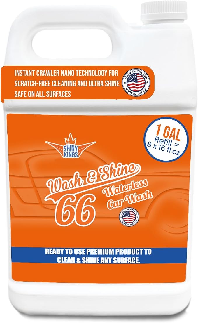 Shinykings Premium WATERLESS Car Wash with Ultra Car Shine Effect California Wash&Shine 66 | Powerful Car Wash Soap for All Surfaces | Scratch-Free & Biodegradable Car Cleaner | 1 GAL
