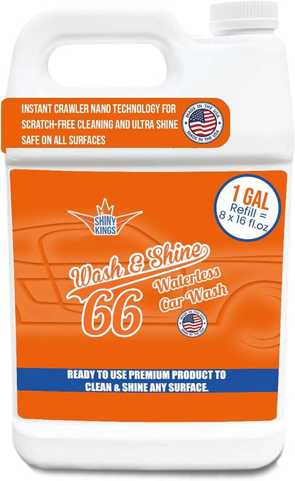 Shinykings Premium WATERLESS Car Wash with Ultra Car Shine Effect California Wash&Shine 66 | Powerful Car Wash Soap for All Surfaces | Scratch-Free & Biodegradable Car Cleaner | 1 GAL