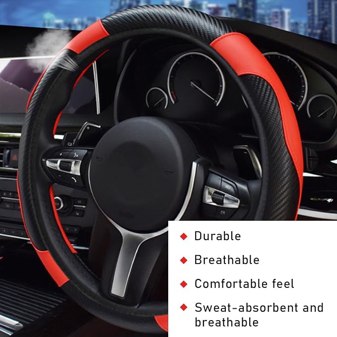 povtii Car Steering Wheel Cover, 15 Inch Leather Breathable Auto Steering Wheel Protector, Comfortable Non-Slip Vehicle Steering Wheel Covers, Universal Interior Car Accessories (Black+Red)