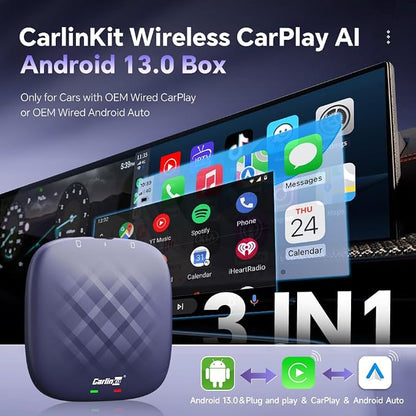 Carlinkit CarPlay AI Box Android 13.0 Wireless CarPlay & Android Auto Adapter, Compatible with Netflix/YouTube/TIK Tok/TF Card, Plug & Play for Cars Equipped with OEM Wired CarPlay 8-Core (8G+128G)