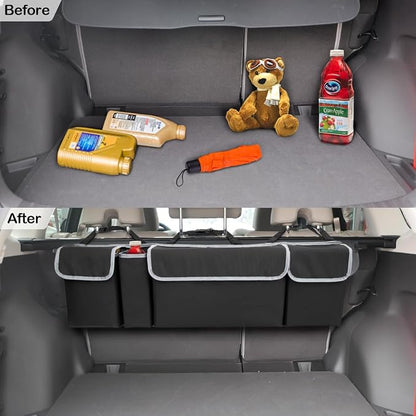 Osilly Car Trunk Organizer with Lid, Backseat Hanging Storage Bag with 4 Pockets & 3 Adjustable Straps, Waterproof PVC Collapsible Cargo Bag, Car Interior Accessories for Auto SUV MPV
