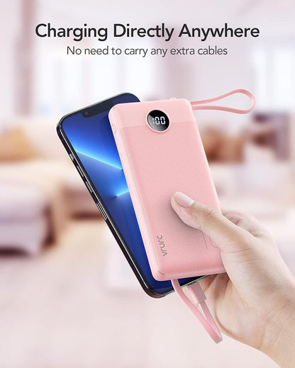 VRURC Portable Charger Power Bank, Built-in 4 Cables & 2 Ports,10000mAh Slim Battery Pack with LED Display, Travel Essential USB C Portable Phone Charger for All Cell Phones Devices-Pink(1 Pack)