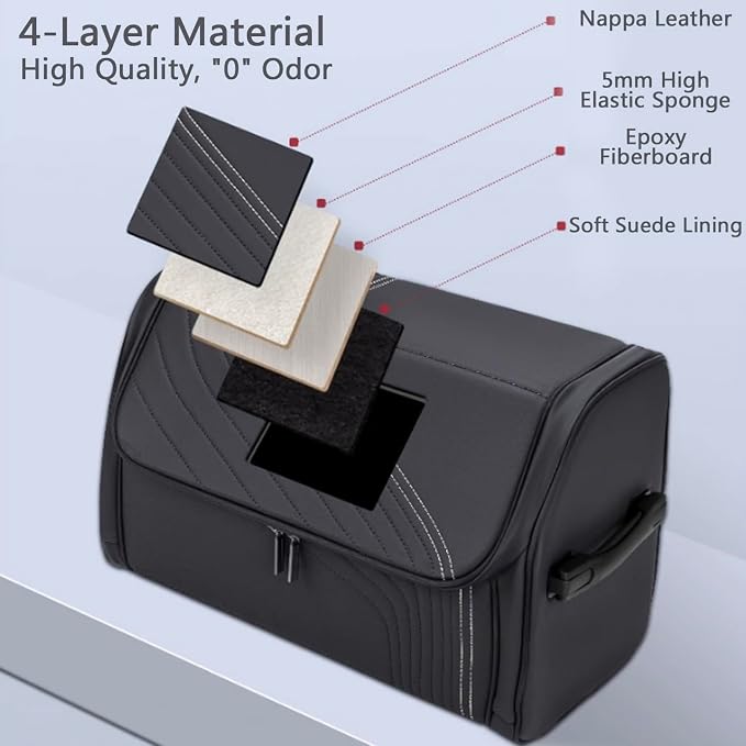 TOPABYTE Car Trunk Organizer with Lid and Sturdy Handle Foldable Durable Premium Leather Storage Box Cargo for BMW SUV Sedan Truck, Black, Small