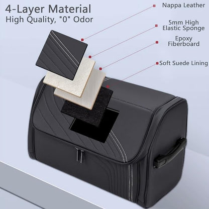 TOPABYTE Car Trunk Organizer with Lid and Sturdy Handle Foldable Durable Premium Leather Storage Box Cargo for BMW SUV Sedan Truck, Black, Small