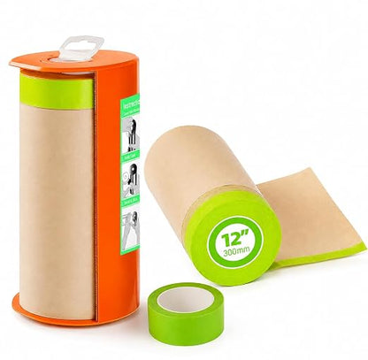 Pre-Taped Masking Paper with Dispenser - 12" x 50' Painters Paper and Tape for Painting House, Furniture, Cars Auto Body (1 Dsp 1Tape 2 Refills: 12" x50')