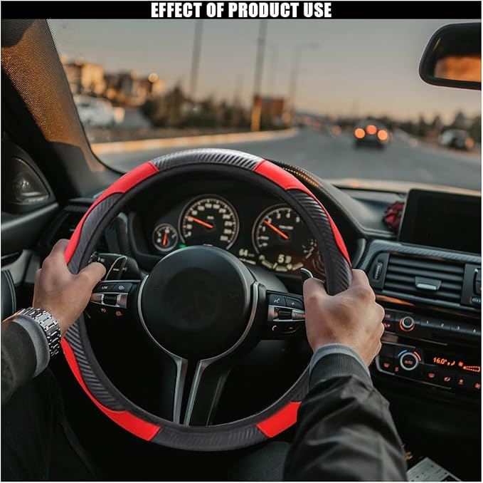 Car Steering Wheel Cover, 15 Inch Carbon Fiber Leather Elastic Steering Wheel Protector, Anti-Slip, Breathable & Soft Car Interior Accessories Universal for Most Cars, Men & Women (Red)