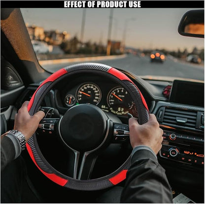 Car Steering Wheel Cover, 15 Inch Carbon Fiber Leather Elastic Steering Wheel Protector, Anti-Slip, Breathable & Soft Car Interior Accessories Universal for Most Cars, Men & Women (Red)
