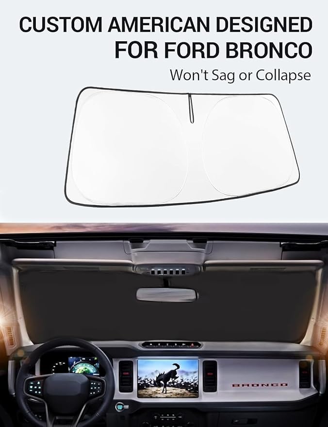 Proadsy 2026 Upgrade Windshield Sun Shade Custom Fit Ford Bronco 2/4-Door 2021-2025 2026 Foldable Front Sunshade Protector Blocks UV Rays Keep Car Cooler
