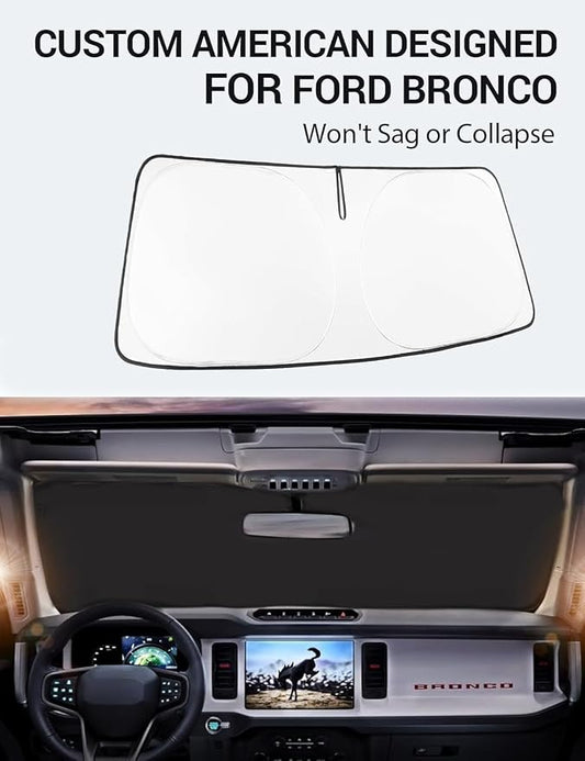Proadsy 2026 Upgrade Windshield Sun Shade Custom Fit Ford Bronco 2/4-Door 2021-2025 2026 Foldable Front Sunshade Protector Blocks UV Rays Keep Car Cooler