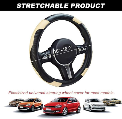 DXNQ Car Steering Wheel Cover, 15 Inch Carbon Fiber Leather Stitching Color Steering Wheel Protector, Anti-Slip Elastic Breathable Steering Wheel Cover Stylish Decor for Most Cars (Black & Beige)