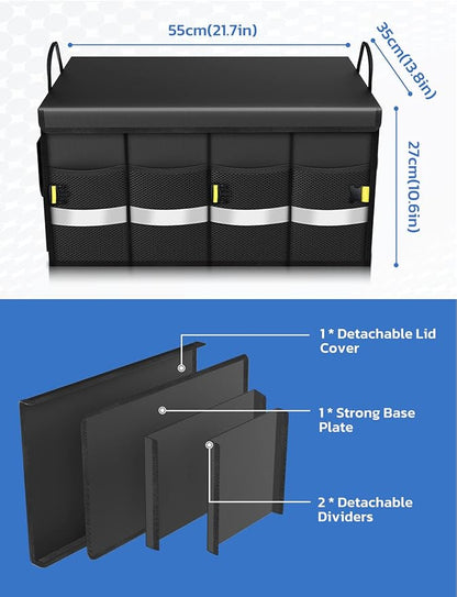 Oasser Car Trunk Organizer, 3 Compartments Collapsible Waterproof Car Organizer Storage with Foldable Cover, Reflective Strip, Non-Slip Bottom, 4 Mesh Pockets for SUV/Truck/Sedan/Camping/Road Trip