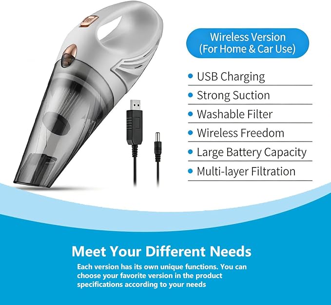 12V Hand Vacuum Cordless Rechargeable, Car Vacuum Portable, Powerful Suction,Long Flat Nozzle with Gaps,Small Handheld Vacuum Cleaner for Car,Office,Home, Pet Cleaning. (White)