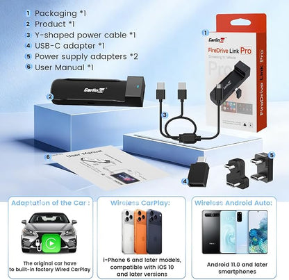 Carlinkit FireDrive Link Pro Car TV Mate, Convert Wired to Wireless Android Auto & CarPlay Adapter, Compatible with Wired CarPlay for Fire TV Stick Streaming, 5GHz WiFi/Plug & Play