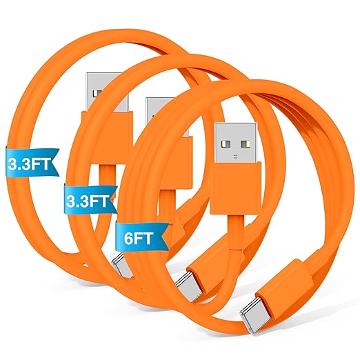 3-Pack Orange [3.3FT+3.3FT+6FT] USB A to USB C Cable，USB to USB C Cable，Car Carplay Cable for iPhone 17 16 15 Pro Plus Pro Max Air，for Galaxy S25, for iPad, for MacBook and More