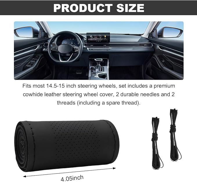 Wevdn Genuine Leather Steering Wheel Cover, Stitch on Wrap, DIY Sewing Steering Wheel Protector, 15 Inch Breathable Non-Slip Steering Wheel Protector, Car Accessories (Black, Middle Hole)