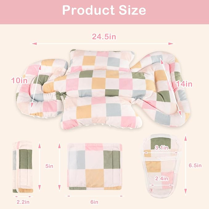 DILIMI Infant Car Seat Insert, Baby Car Seat Head Support with 3 Strap Paddings, Soft Newborn Car Seat Cushion for Stroller, Swing, Bouncers, Colorful Checkered