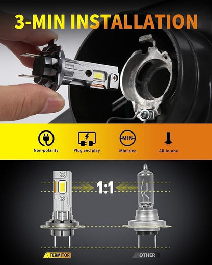 Termitor H7 LED Bulbs, 80,000LM 6500K Cool White Hi/Low Fog Light, Real 1:1 Halogen Size, No Adapter Required, Plug and Play, 85000+ Hours Long Service Life, Non-Polarity, Pack of 2