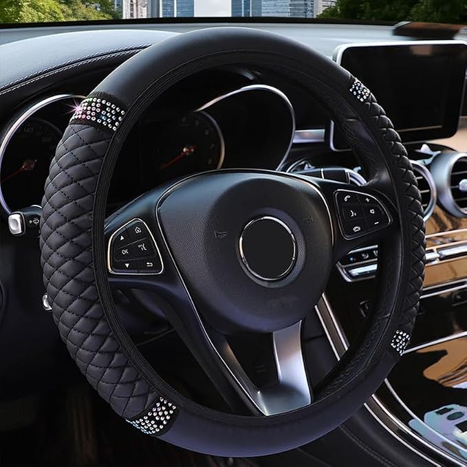 Microfiber Leather Steering Wheel Cover with Anti-Slip Lining Universal Car Accessory for Steering Wheel with a Diameter of 14.5-15 inch (Black)