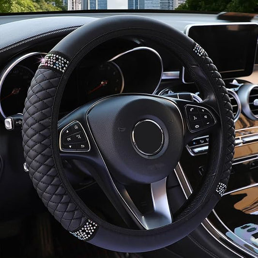 Microfiber Leather Steering Wheel Cover with Anti-Slip Lining Universal Car Accessory for Steering Wheel with a Diameter of 14.5-15 inch (Black)