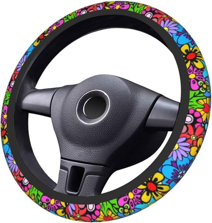 Hippie Flower Steering Wheel Cover Car Accessories Cute for Women Girls Girly Universal 15 Inch Neoprene Auto Interior Decor Anti Slip Car Truck Protector