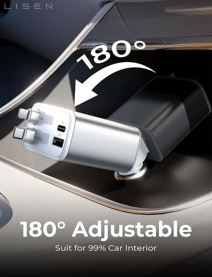 LISEN Retractable Car Charger for iPhone, for iPhone 17 Pro Max 16 15 14 13 12 Plus Mini, Cute 4 in 1 Retractable USB C Car Charger Fast Chareg for Women Men, 84W Fast Charging Car Accessorie | Multiple Ports Car Charger, Retractable Car Charger Fast C...