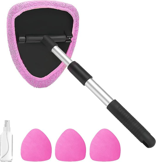 Windshield Cleaning Tool, Car Window Cleaner with Extendable Handle, 4 Microfiber Pads and Spray Bottle, Auto Interior Exterior Glass Wiper Cleaning Kit Universal for RV, SUV, Truck (Pink)